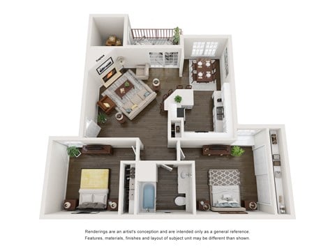 Floor plan for 2 beds, 1 bath, 887 sqft